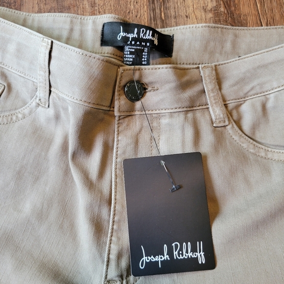 Joseph Ribkoff Rhinestone Embellished Tan Frayed Hem Crop Denim Pant - Picture 9 of 11